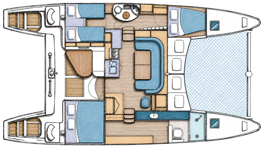 Hand-drawn floor plan of Little Cloud, our Catana 431 catamaran: three cabins, one head, salon and galley