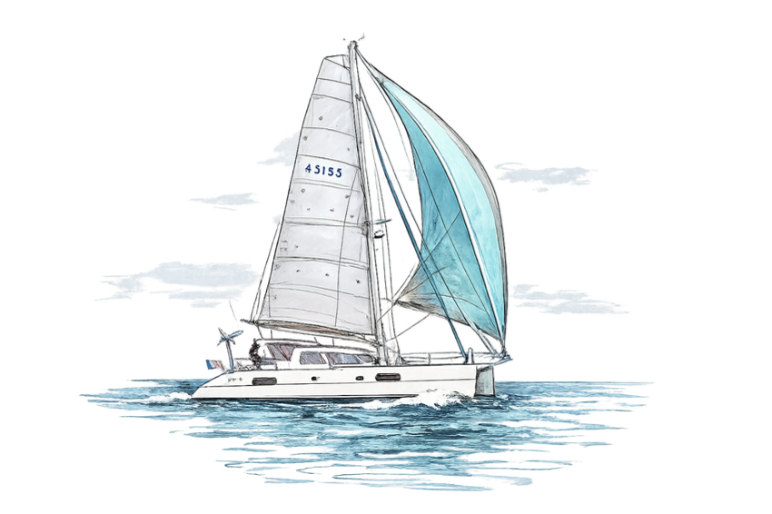 Little Cloud, our Catana 431 catamaran sailing under spinnaker, hand-drawn illustration