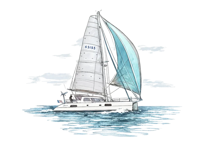 Little Cloud, our Catana 431 catamaran sailing under spinnaker, hand-drawn illustration