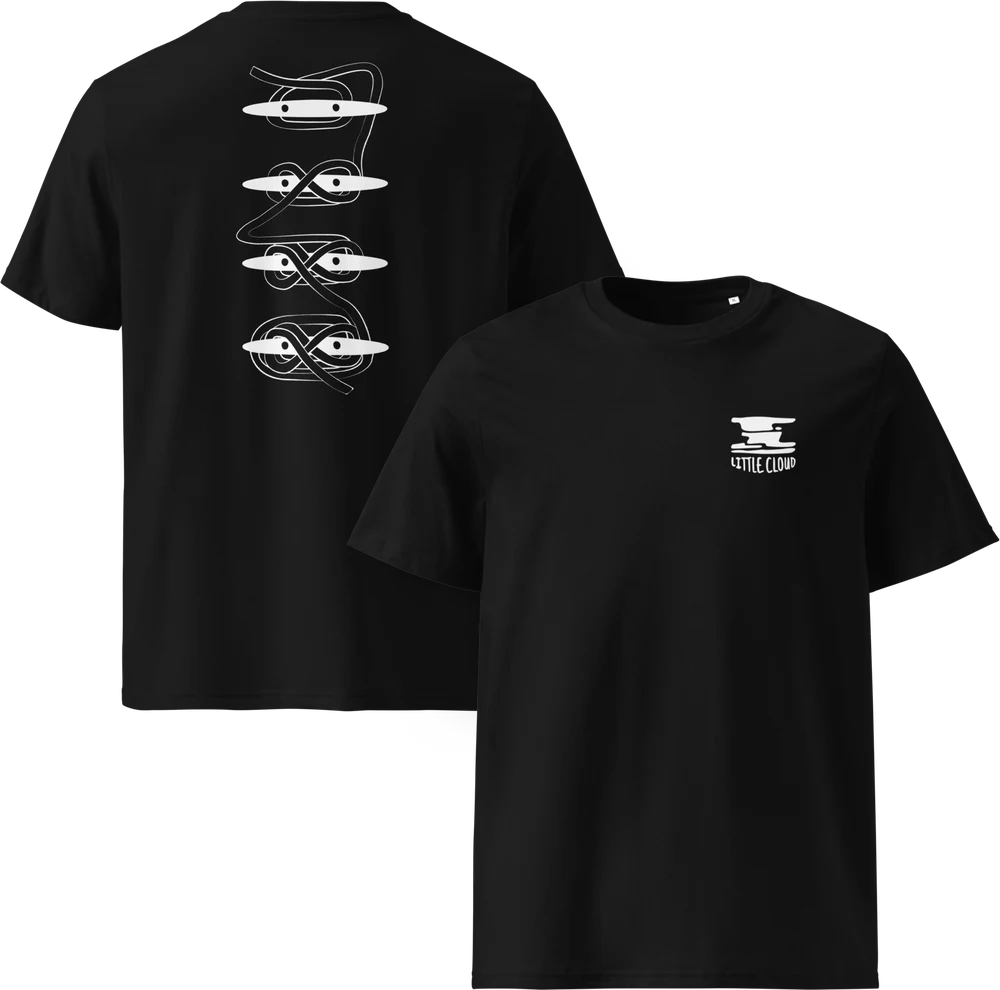The Taquet Little Cloud t-shirt, front and back: a cleat hitch illustration in white on black