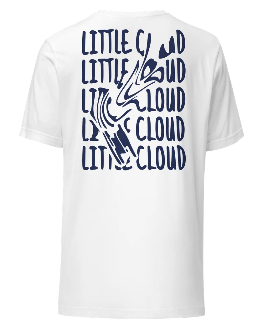 The Wavy Little Cloud t-shirt: the boat sailing through its own name, navy on white