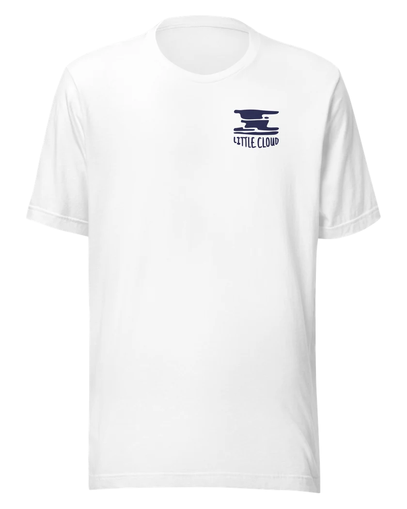 The Wavy tee, front: small navy Little Cloud logo on the chest